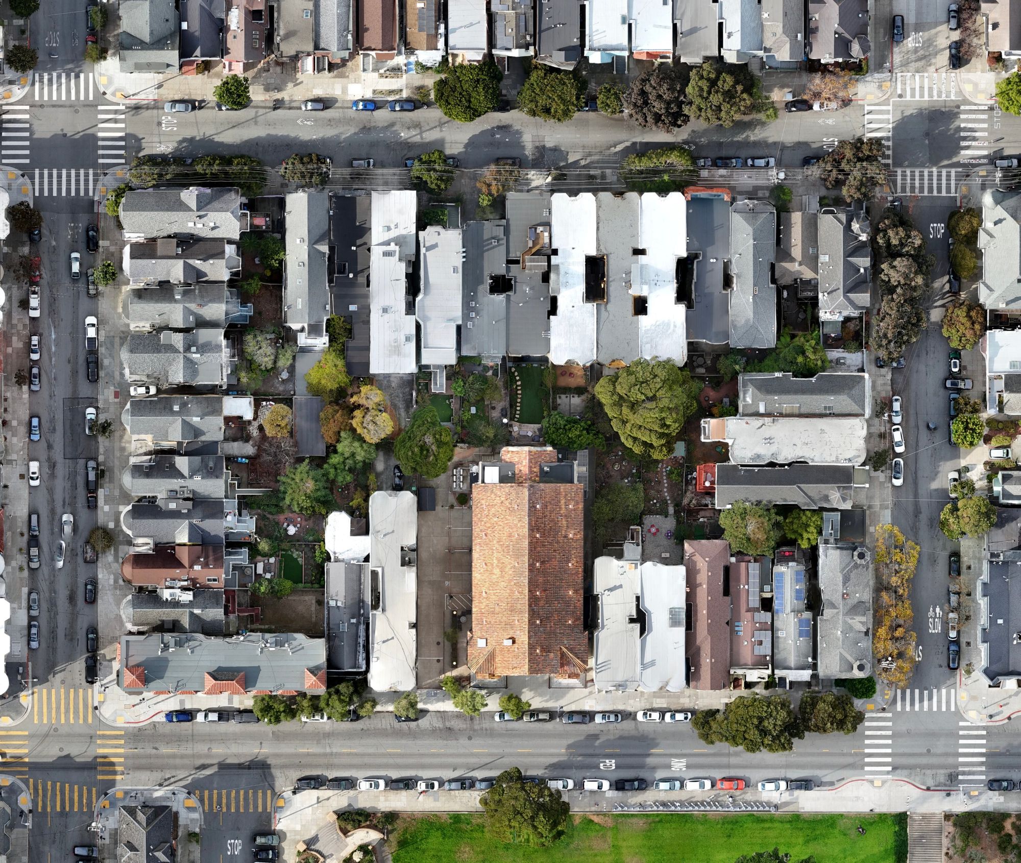 Top-down orthomosaic map of a San Francisco city block