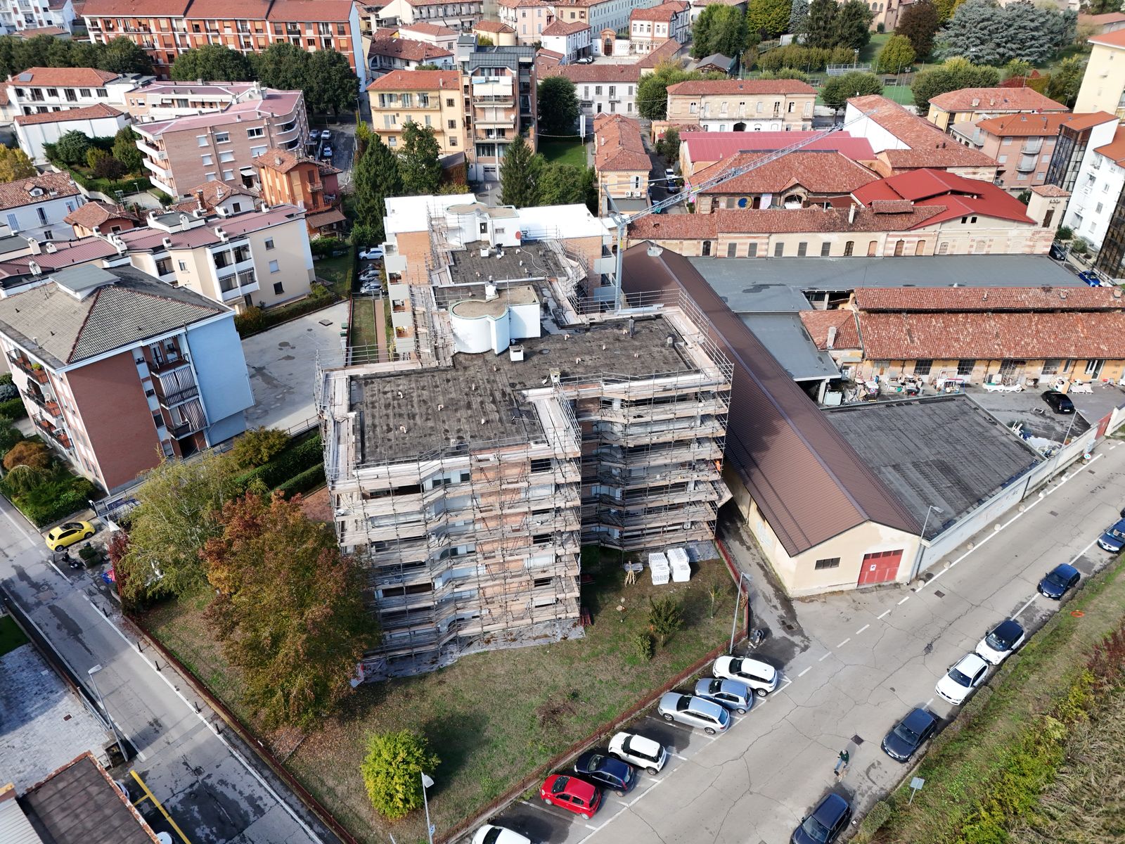 Oblique aerial view of a building corner under renovation